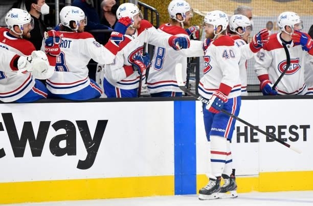 Joel Armia of the Montreal Canadiens celebrates after scoring a goal during the first period against the Vegas Golden Knights in Game Two of the...