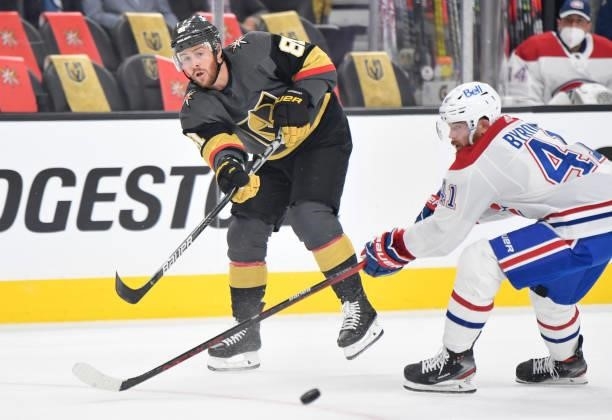 Jonathan Marchessault of the Vegas Golden Knights passes the puck during the first period against the Montreal Canadiens in Game Two of the Stanley...