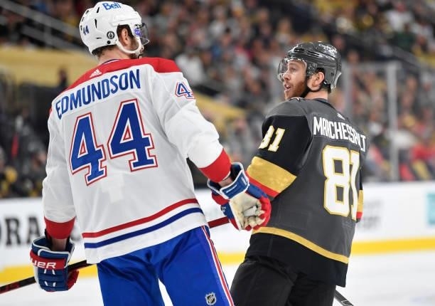 Joel Edmundson of the Montreal Canadiens has words with Jonathan Marchessault of the Vegas Golden Knights during the first period in Game Two of the...