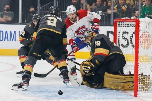 Marc-Andre Fleury of the Vegas Golden Knights makes the save against Josh Anderson of the Montreal Canadiens during the first period in Game Two of...