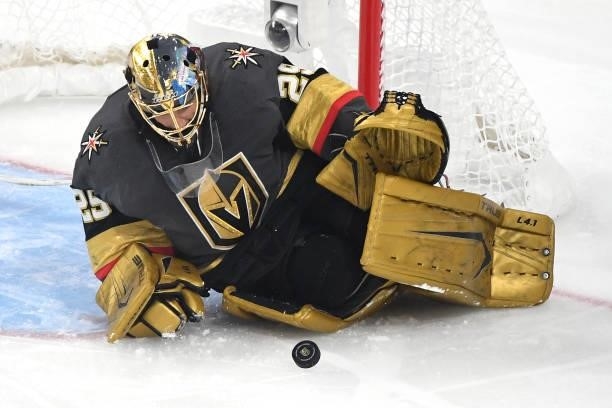 Marc-Andre Fleury of the Vegas Golden Knights makes the save without his stick against the Montreal Canadiens during the first period in Game Two of...