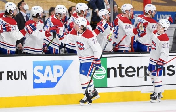 Tyler Toffoli of the Montreal Canadiens celebrates after scoring a goal during the first period against the Vegas Golden Knights in Game Two of the...