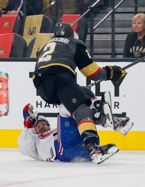 Joel Armia of the Montreal Canadiens and Zach Whitecloud of the Vegas Golden Knights get tangled up during the first period in Game Two of the...