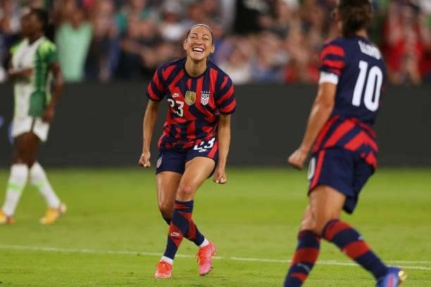 Christen Press of United States celebrates after scoring the first goal of her team during the Summer Series game between United States and Nigeria...