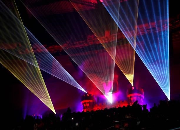 Lasers are shown around the Castle during a pregame show before Game Two of the Stanley Cup Semifinals during the 2021 Stanley Cup Playoffs between...