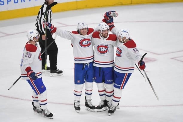 Jeff Petry, Tyler Toffoli, Erik Gustafsson and Nick Suzuki of the Montreal Canadiens celebrate their second goal in the first period in Game Two of...