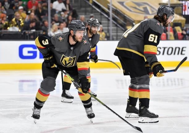 Vegas Golden Knights players line up for a face off during the second period against the Montreal Canadiens in Game Two of the Stanley Cup Semifinals...