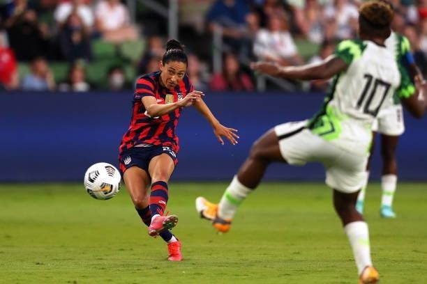 Christen Press of United States kicks the ball during the Summer Series game between United States and Nigeria at Q2 Stadium on June 16, 2021 in...
