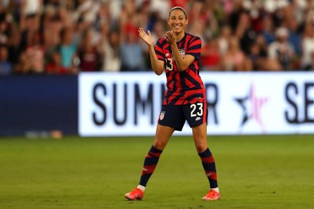 Christen Press of United States reacts during the Summer Series game between United States and Nigeria at Q2 Stadium on June 16, 2021 in Austin,...