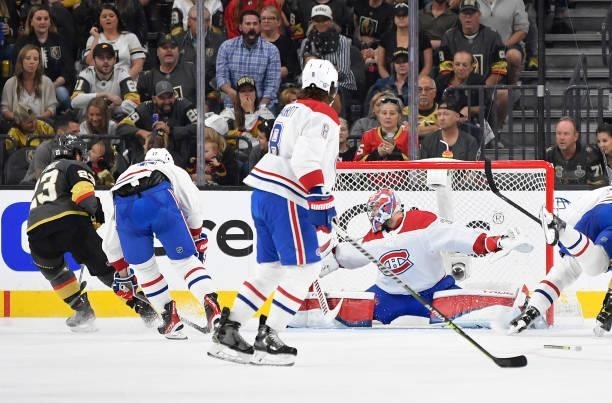 Carey Price of the Montreal Canadiens makes a save during the second period against the Vegas Golden Knights in Game Two of the Stanley Cup...