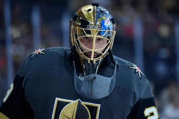 Marc-Andre Fleury of the Vegas Golden Knights stands in net during the second period against the Montreal Canadiens in Game Two of the Stanley Cup...