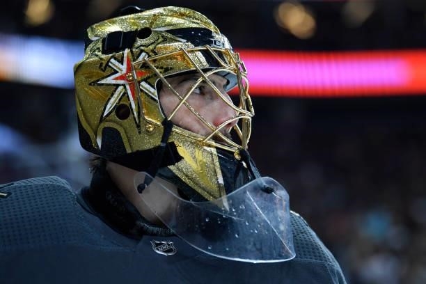 Marc-Andre Fleury of the Vegas Golden Knights stands in net during the second period against the Montreal Canadiens in Game Two of the Stanley Cup...