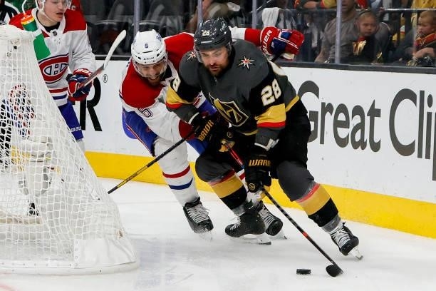 William Carrier of the Vegas Golden Knights is defended by Shea Weber of the Montreal Canadiens during the second period in Game Two of the Stanley...