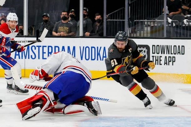 Carey Price of the Montreal Canadiens makes the save against Mark Stone of the Vegas Golden Knights during the second period in Game Two of the...