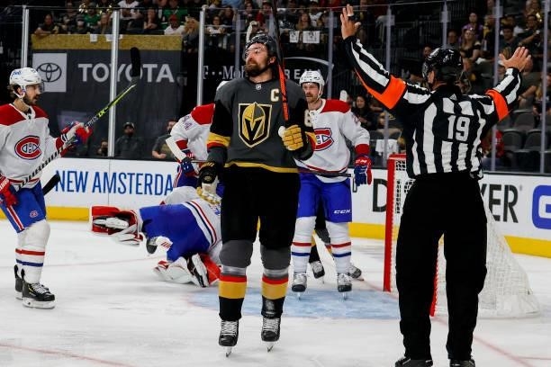 Mark Stone of the Vegas Golden Knights reacts after Carey Price of the Montreal Canadiens stops his shot attempt during the second period in Game Two...