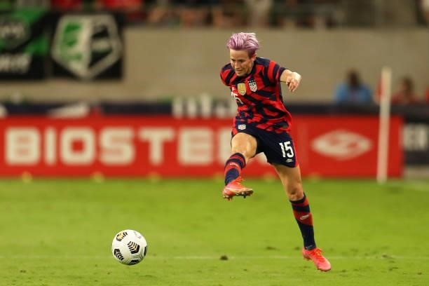 Megan Rapinoe of United States kicks the ball during the Summer Series game between United States and Nigeria at Q2 Stadium on June 16, 2021 in...