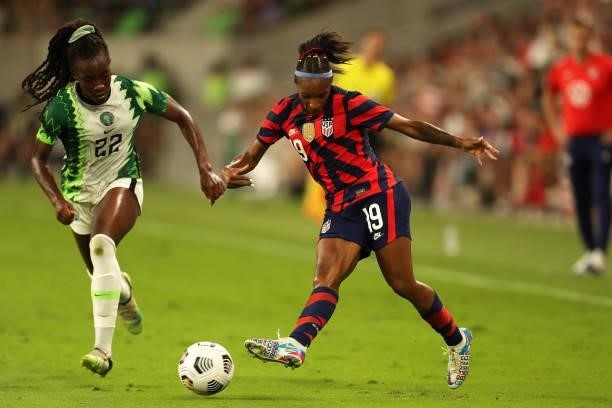Crystal Dunn of United States fight the ball during the Summer Series game between United States and Nigeria at Q2 Stadium on June 16, 2021 in...