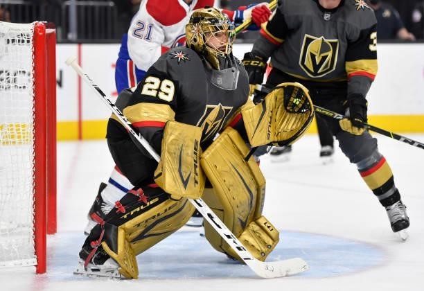 Marc-Andre Fleury of the Vegas Golden Knights tends net during the second period against the Montreal Canadiens in Game Two of the Stanley Cup...