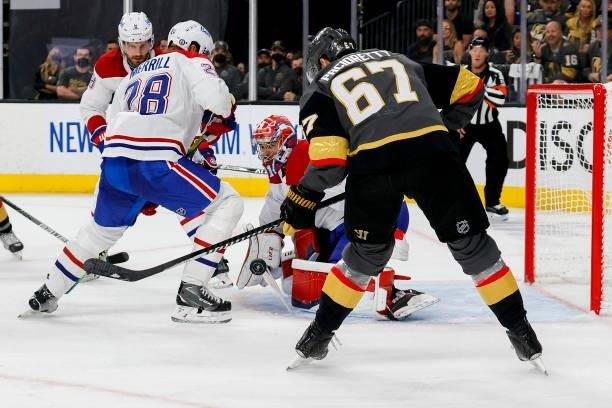 Carey Price of the Montreal Canadiens makes the save against Max Pacioretty of the Vegas Golden Knights during the second period in Game Two of the...