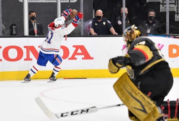 Paul Byron of the Montreal Canadiens celebrates after scoring a goal during the second period against the Vegas Golden Knights in Game Two of the...