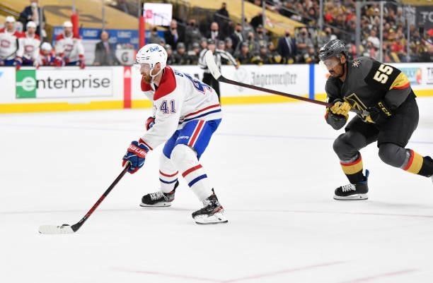 Paul Byron of the Montreal Canadiens skates in on a breakaway during the second period against the Vegas Golden Knights in Game Two of the Stanley...