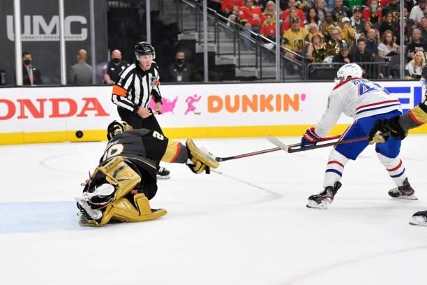 Paul Byron of the Montreal Canadiens scores a goal against Marc-Andre Fleury of the Vegas Golden Knights during the second period in Game Two of the...