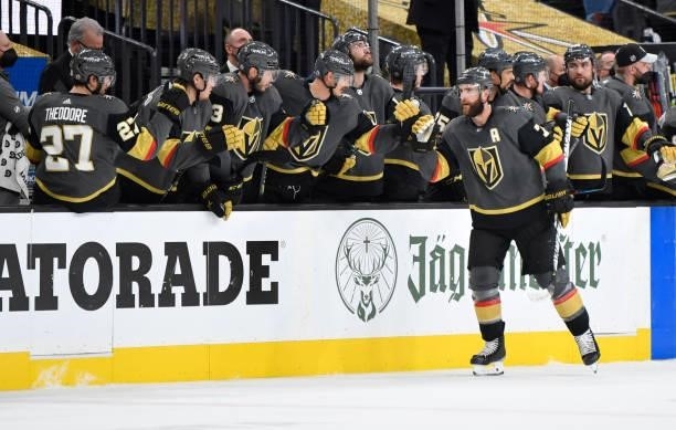 Alex Pietrangelo of the Vegas Golden Knights celebrates after scoring a goal during the second period against the Montreal Canadiens in Game Two of...