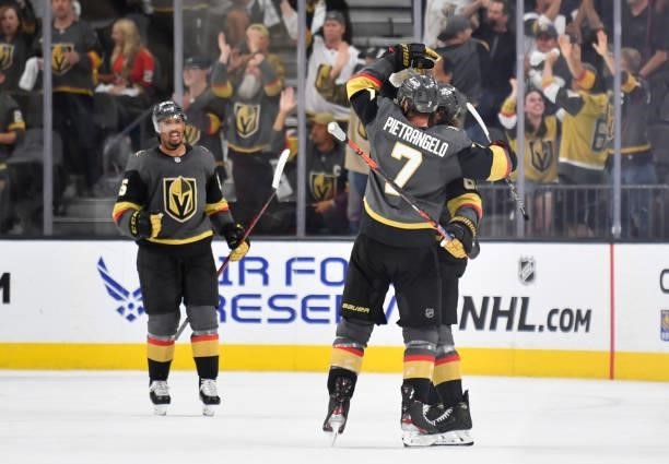 Alex Pietrangelo of the Vegas Golden Knights celebrates after scoring a goal during the second period against the Montreal Canadiens in Game Two of...