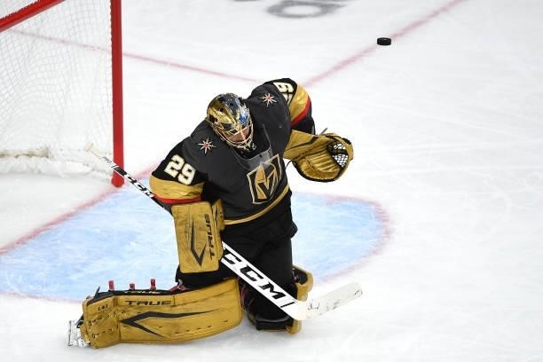 Marc-Andre Fleury of the Vegas Golden Knights makes the save against the Montreal Canadiens during the second period in Game Two of the Stanley Cup...