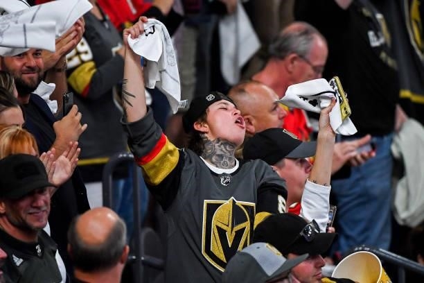 Fan cheers during the second period in Game Two of the Stanley Cup Semifinals between the Vegas Golden Knights and the Montreal Canadiens during the...