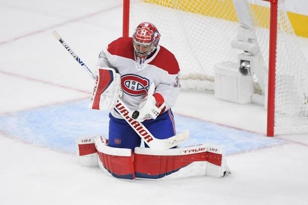 Carey Price of the Montreal Canadiens makes a save against the Vegas Golden Knights in the second period in Game Two of the Stanley Cup Semifinals...