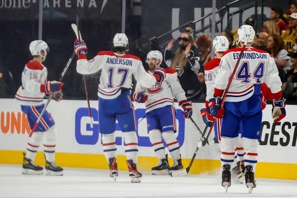 Paul Byron of the Montreal Canadiens is congratulated by his teammates after scoring a goal against the Vegas Golden Knights during the second period...