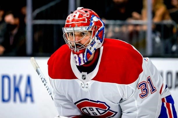Carey Price of the Montreal Canadiens looks on against the Vegas Golden Knights during the second period in Game Two of the Stanley Cup Semifinals...