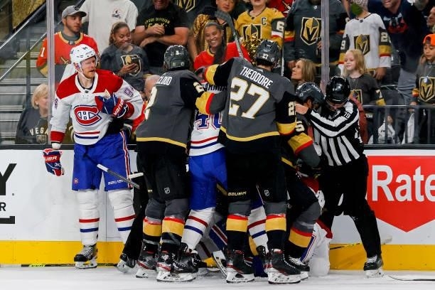 The Vegas Golden Knights and Montreal Canadiens mix it up during the second period in Game Two of the Stanley Cup Semifinals during the 2021 Stanley...