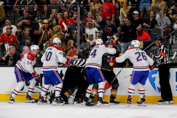 The Vegas Golden Knights and Montreal Canadiens mix it up during the second period in Game Two of the Stanley Cup Semifinals during the 2021 Stanley...