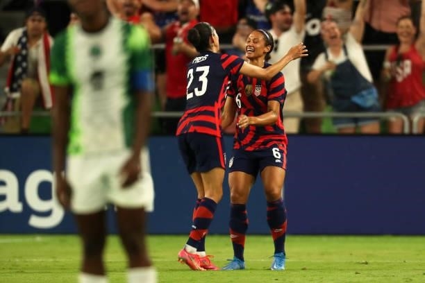 Lynn Williams of United States celebrates after scoring the second goal of her team during the Summer Series game between United States and Nigeria...