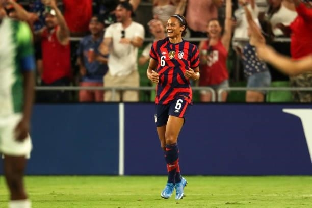 Lynn Williams of United States celebrates after scoring the second goal of her team during the Summer Series game between United States and Nigeria...