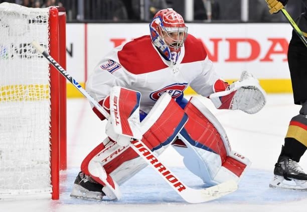 Carey Price of the Montreal Canadiens tends net during the third period against the Vegas Golden Knights in Game Two of the Stanley Cup Semifinals at...
