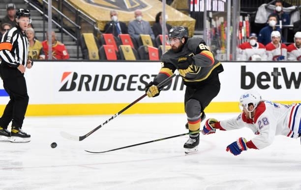 Alex Tuch of the Vegas Golden Knights shoots the puck during the third period against the Montreal Canadiens in Game Two of the Stanley Cup...
