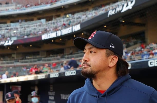 Hirokazu Sawamura of the Boston Red Sox walks out of the dugout prior to facing the Atlanta Braves at Truist Park on June 16, 2021 in Atlanta,...