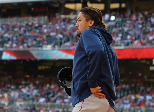Hirokazu Sawamura of the Boston Red Sox walks out of the dugout prior to facing the Atlanta Braves at Truist Park on June 16, 2021 in Atlanta,...