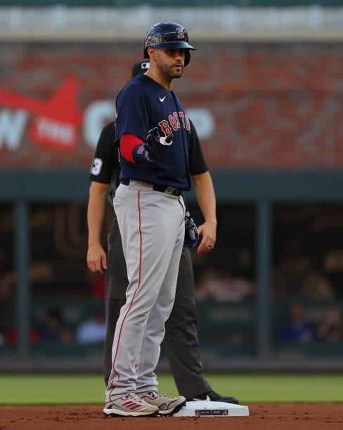 Martinez of the Boston Red Sox reactes after hitting a double in the first inning against the Atlanta Braves at Truist Park on June 16, 2021 in...