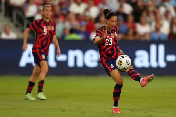 Christen Press of United States controls the ball during the Summer Series game between United States and Nigeria at Q2 Stadium on June 16, 2021 in...