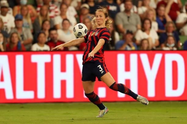 Samantha Mewis of United States controls the ball during the Summer Series game between United States and Nigeria at Q2 Stadium on June 16, 2021 in...