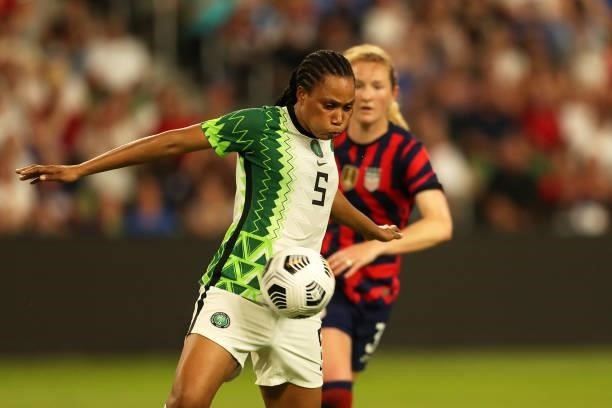 Ijeoma Okoronkwo of Nogeria controls the ball during the Summer Series game between United States and Nigeria at Q2 Stadium on June 16, 2021 in...