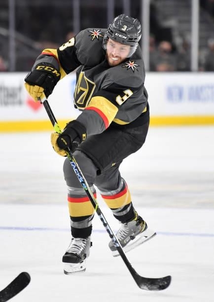 Brayden McNabb of the Vegas Golden Knights shoots the puck during the third period against the Montreal Canadiens in Game Two of the Stanley Cup...