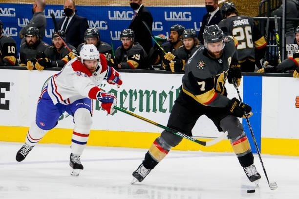 Alex Pietrangelo of the Vegas Golden Knights is defended by Eric Staal of the Montreal Canadiens during the third period in Game Two of the Stanley...