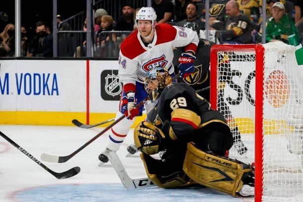 Marc-Andre Fleury of the Vegas Golden Knights tends net against Corey Perry of the Montreal Canadiens during the third period in Game Two of the...