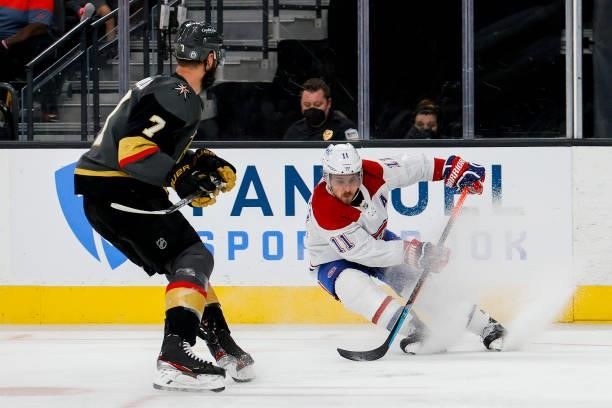 Brendan Gallagher of the Montreal Canadiens is defended by Alex Pietrangelo of the Vegas Golden Knights during the third period in Game Two of the...