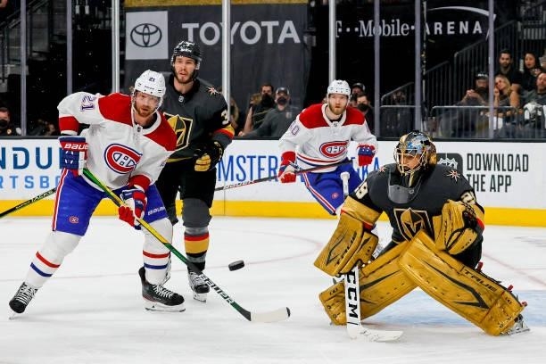 Marc-Andre Fleury of the Vegas Golden Knights tends net against Eric Staal of the Montreal Canadiens during the third period in Game Two of the...